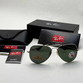 عینک ریبن خلبانی شیشه سنگ پلاریزه سبز با فریم نقره ای به همراه پک کامل ریبن کد Rayban RB 3026