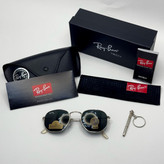 عینک ریبن هگزونال شیشه سنگ مشکی فریم نقره ای به همراه پک کامل ریبن کد Rayban RB 3548