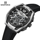 ساعت مردانه پسرانه نیوی فورس Naviforce اورجینال سه موتور فعال بند رابر مشکی نقره ای