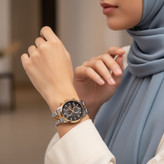 ساعت الگانس دو رنگ رزگلد صفحه مشکی طرح سه موتور 6598 زنانه