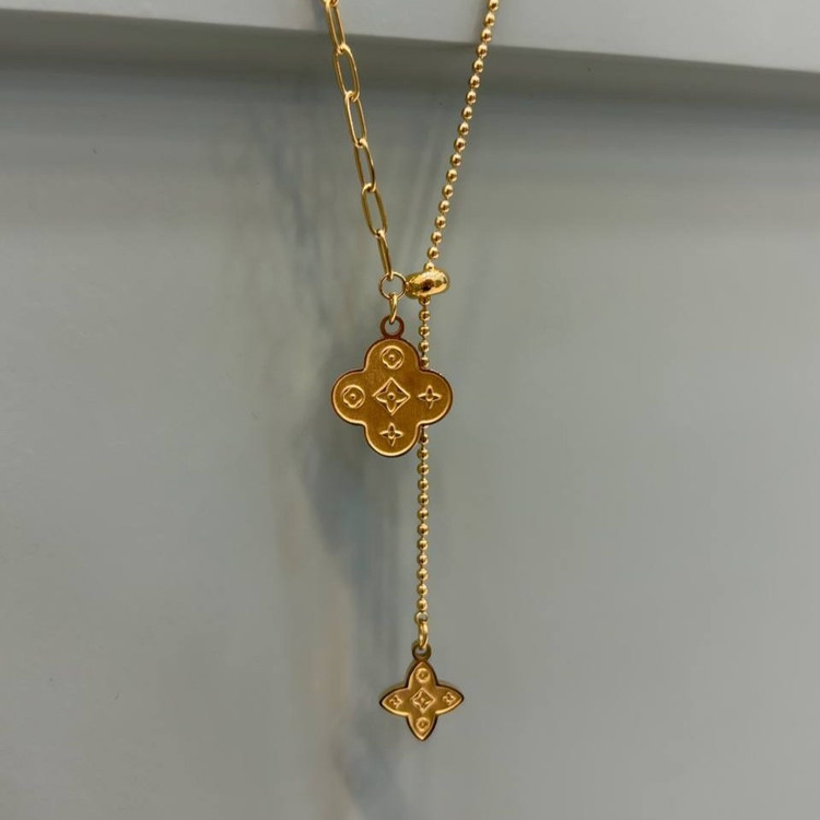 گردنبند و آویز پلاک استیل طرح گل ونکلیف vancleef طلایی دو لاین تنوع طرح رنگ ثابت کد gy