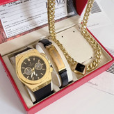 ست ساعت مردانه با دستبند و گردنبند و انگشتر ساعت تاریخدار مارک HUBLOT