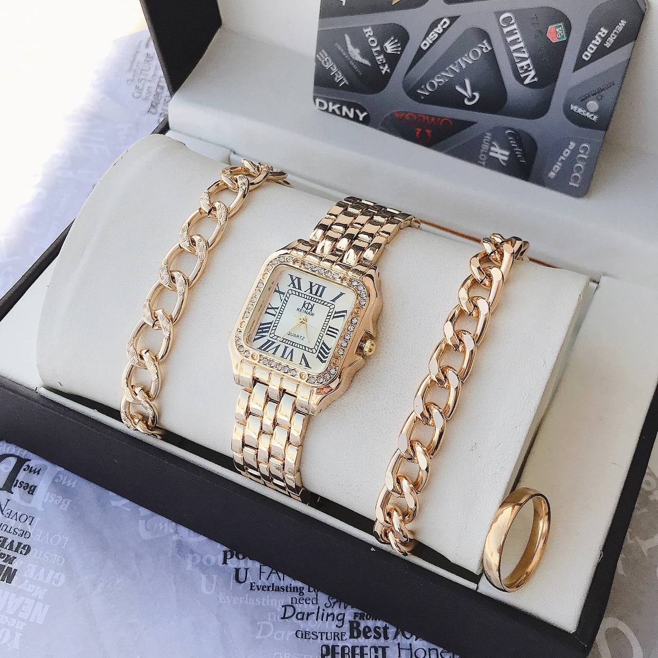 ست ساعت زنانه استیل رنگ ثابت مارک KEINAW دو عدد دستبند کارتیر و حلقه استیل رنگ ثابت کد 270556