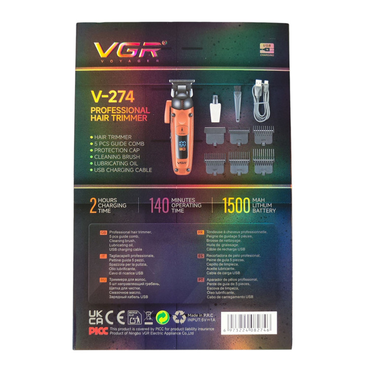 ماشین اصلاح حجم زن سر و صورت وی جی آر با تیغه تیتانیوم و نمایشگر LED خط زن مدل V-274 ورژن جدید 274 ( گناوه مارکت )