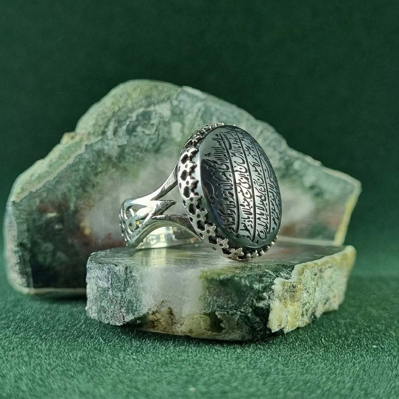 انگشتر نقره حدید مردانه مدل سرنیزه طرح حکاکی آیت الکرسی کد 4620