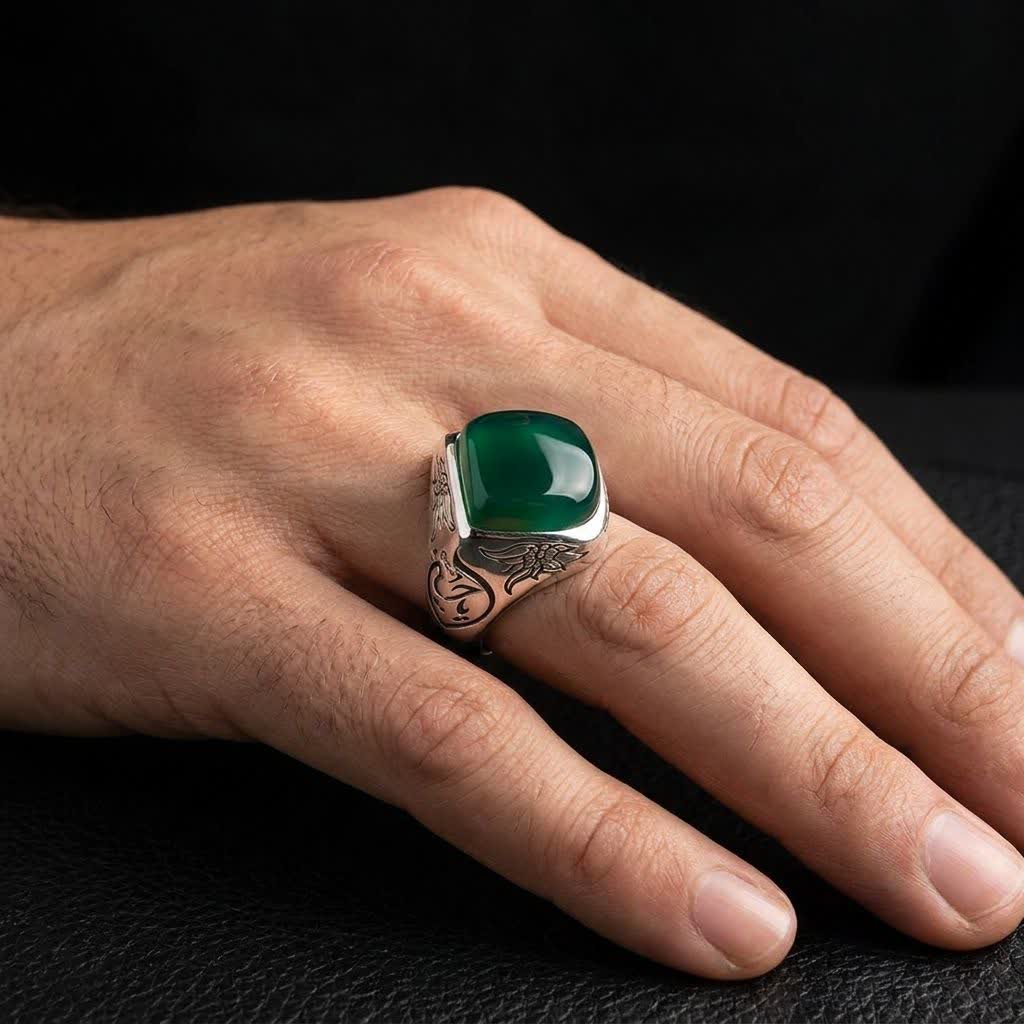 انگشتر نقره باسنگ عقیق سبز رکاب نقطه کد 5801