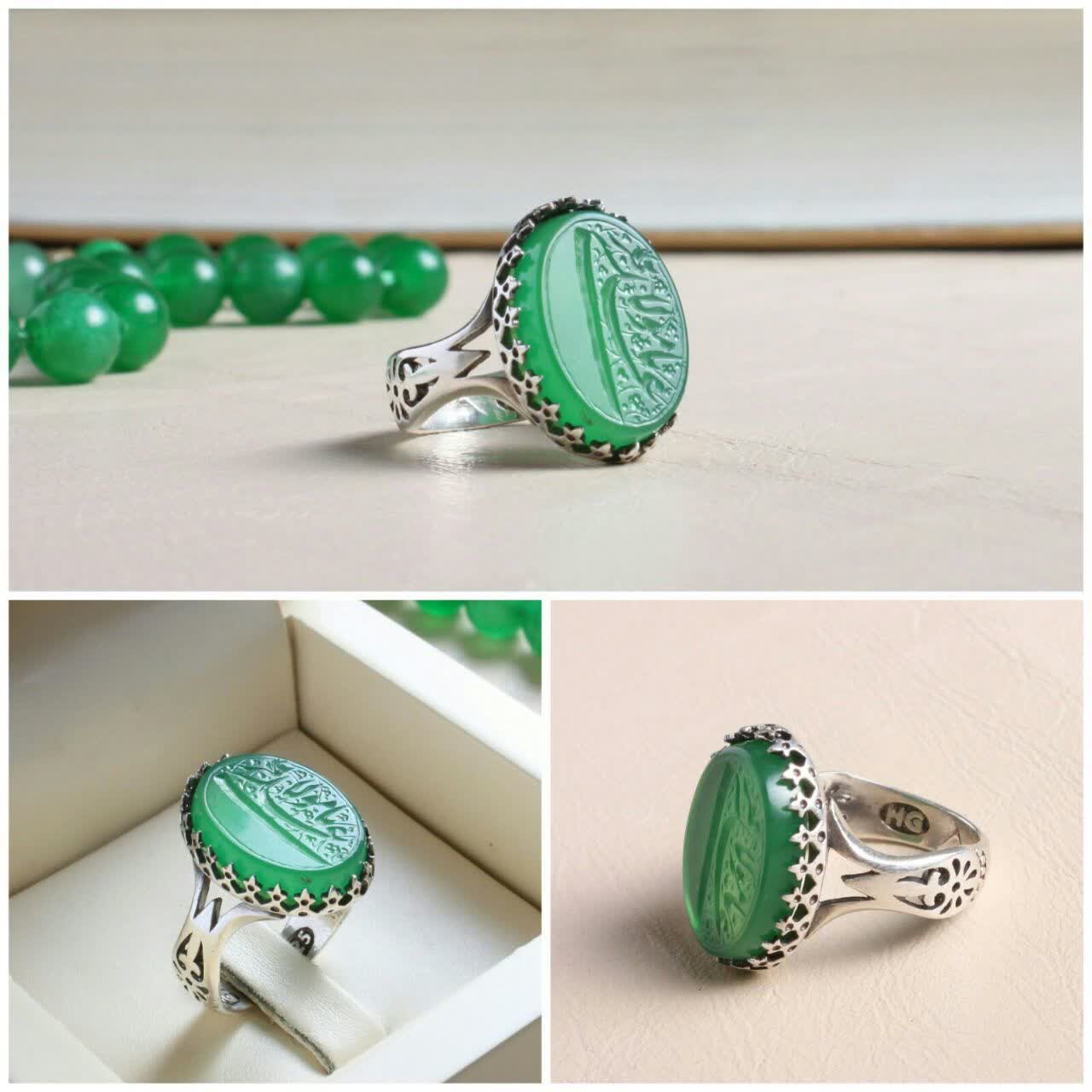 انگشتر آلیاژی عقیق سبز حکاکی یا علی مولا | اصالت، انرژی، معنویت و زیبایی مردانه کد 3983