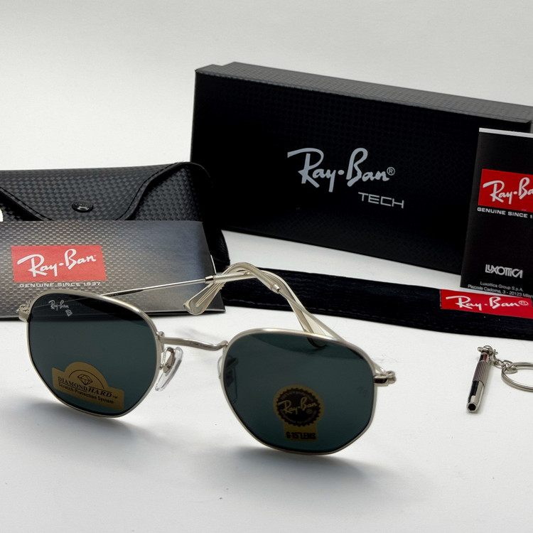 عینک ریبن هگزونال شیشه سنگ مشکی فریم نقره ای به همراه پک کامل ریبن کد Rayban RB 3548 (ارسال رایگان)